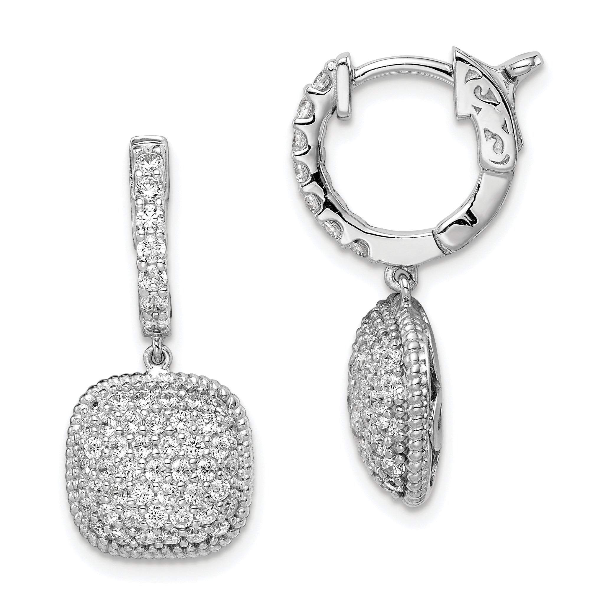 Sterling Shimmer Sterling Silver Rhodium-plated 88 Stone CZ Pav‚ Square Dangle Hinged Hoop Earrings