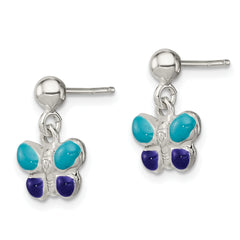 Sterling Silver Polished Blue & Purple Enameled Butterfly Children's Post Dangle Earrings