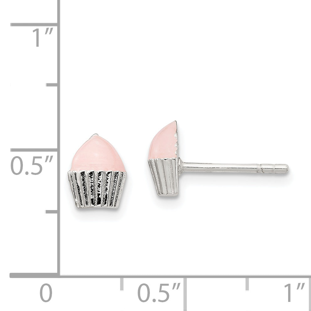 Sterling Silver Children's Cupcake Earrings with Polished Pink Enamel Finish