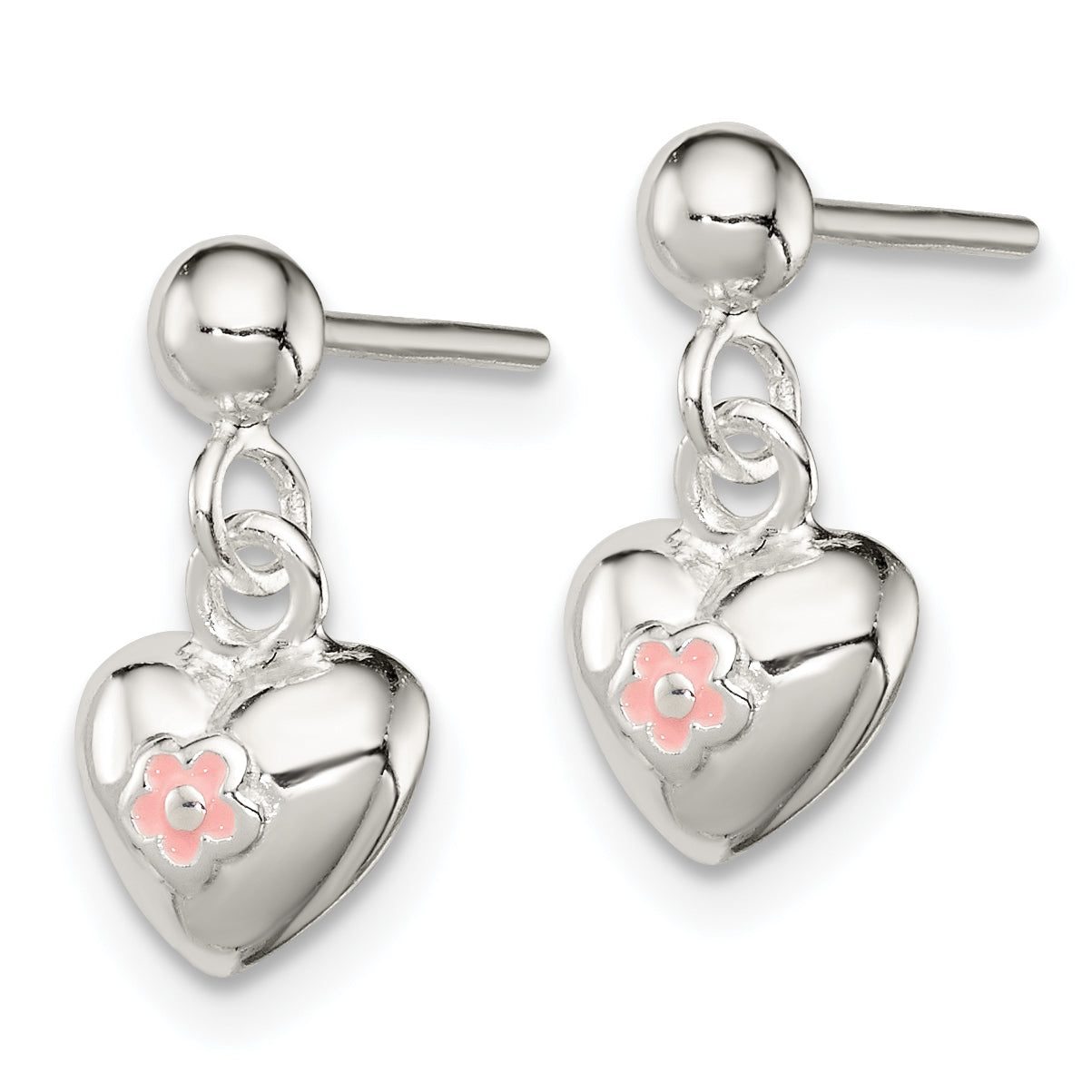 Sterling Silver Pink Enamel Flower Heart Dangle Earrings for Girls