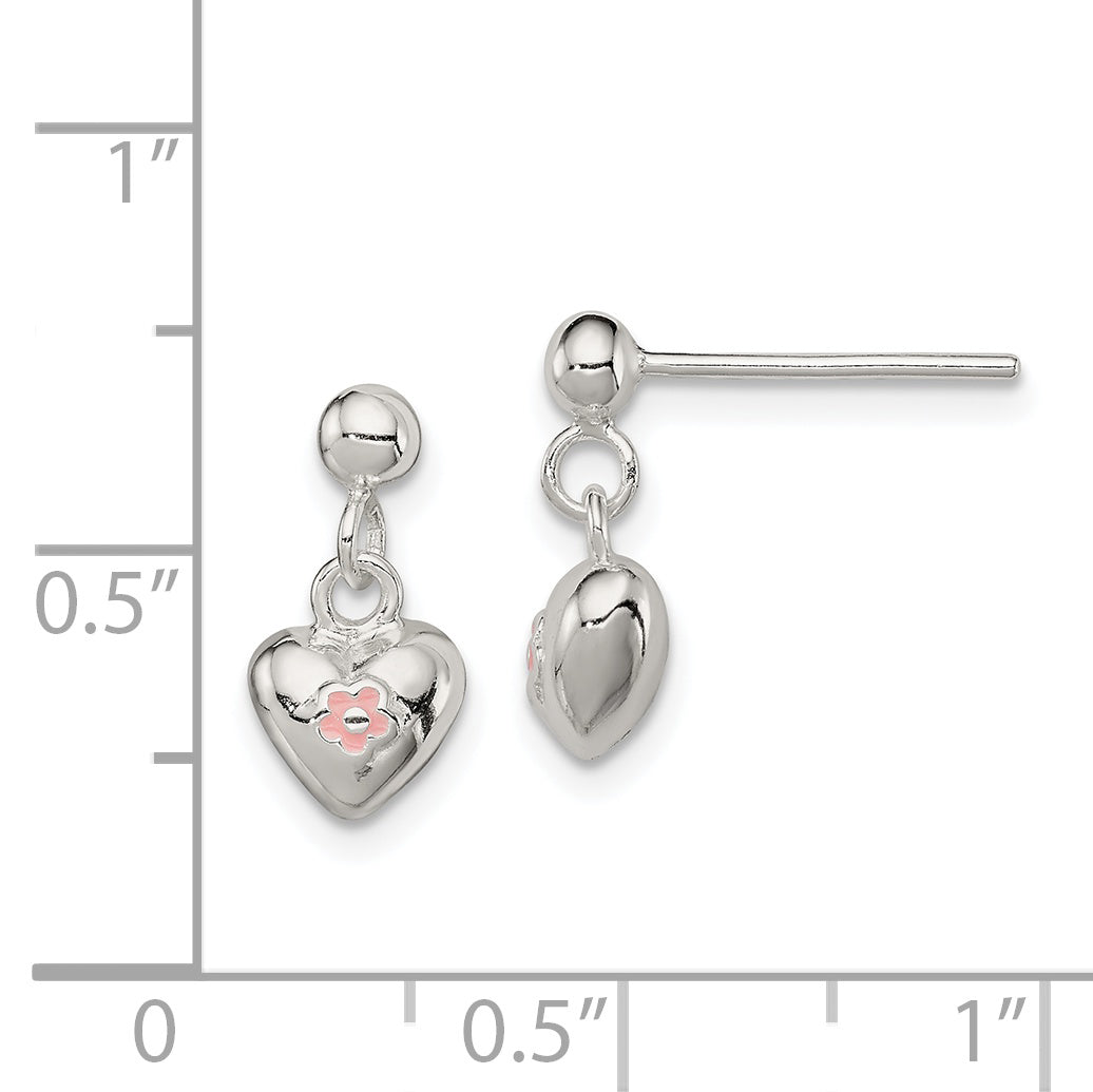 Sterling Silver Pink Enamel Flower Heart Dangle Earrings for Girls