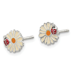 Sterling Silver Children's Earrings with Polished Multi-Color Enamel Flower & Ladybug Design