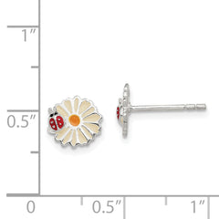 Sterling Silver Children's Earrings with Polished Multi-Color Enamel Flower & Ladybug Design