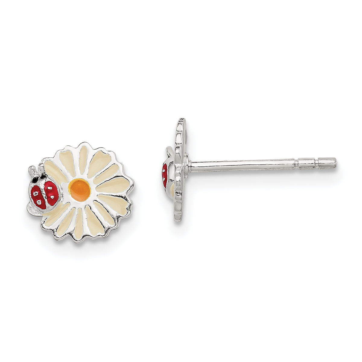 Sterling Silver Polished & Multi-color Enameled Flower & Ladybug Children's Post Earrings