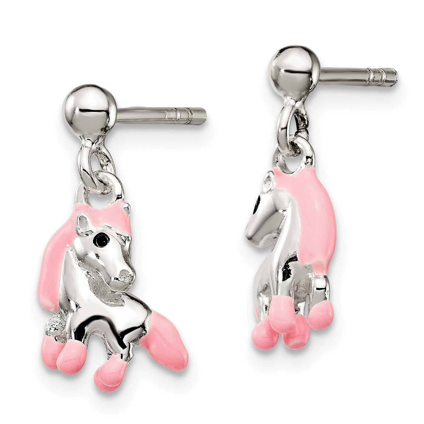 Sterling Silver 925 Children's Dangle Earrings with Pink & Black Enameled Horse Design