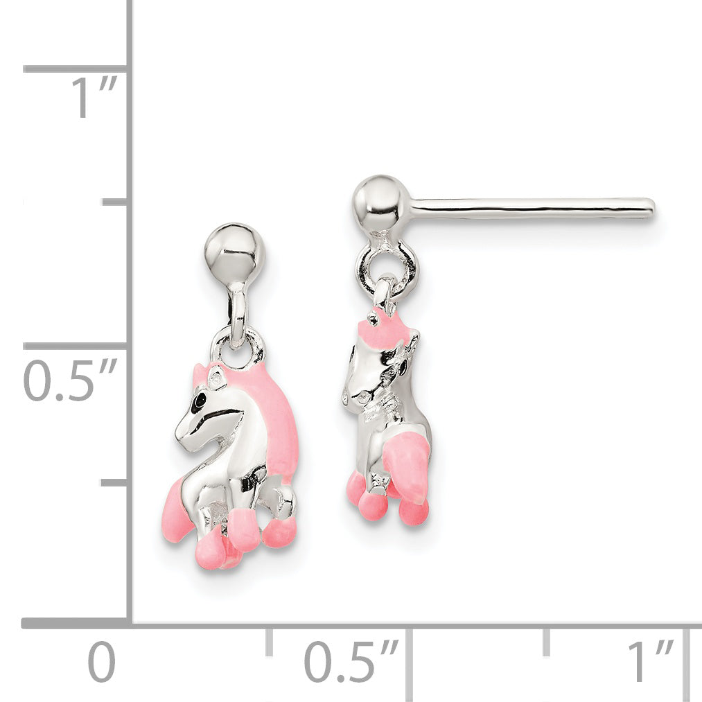 Sterling Silver 925 Children's Dangle Earrings with Pink & Black Enameled Horse Design