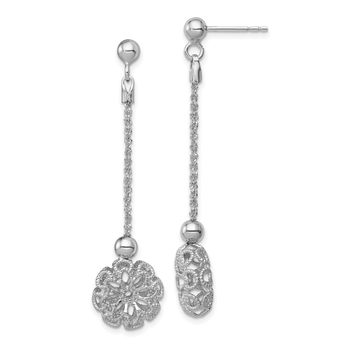 Sterling Silver RH-plated  D/C Flower Post Dangle Earrings