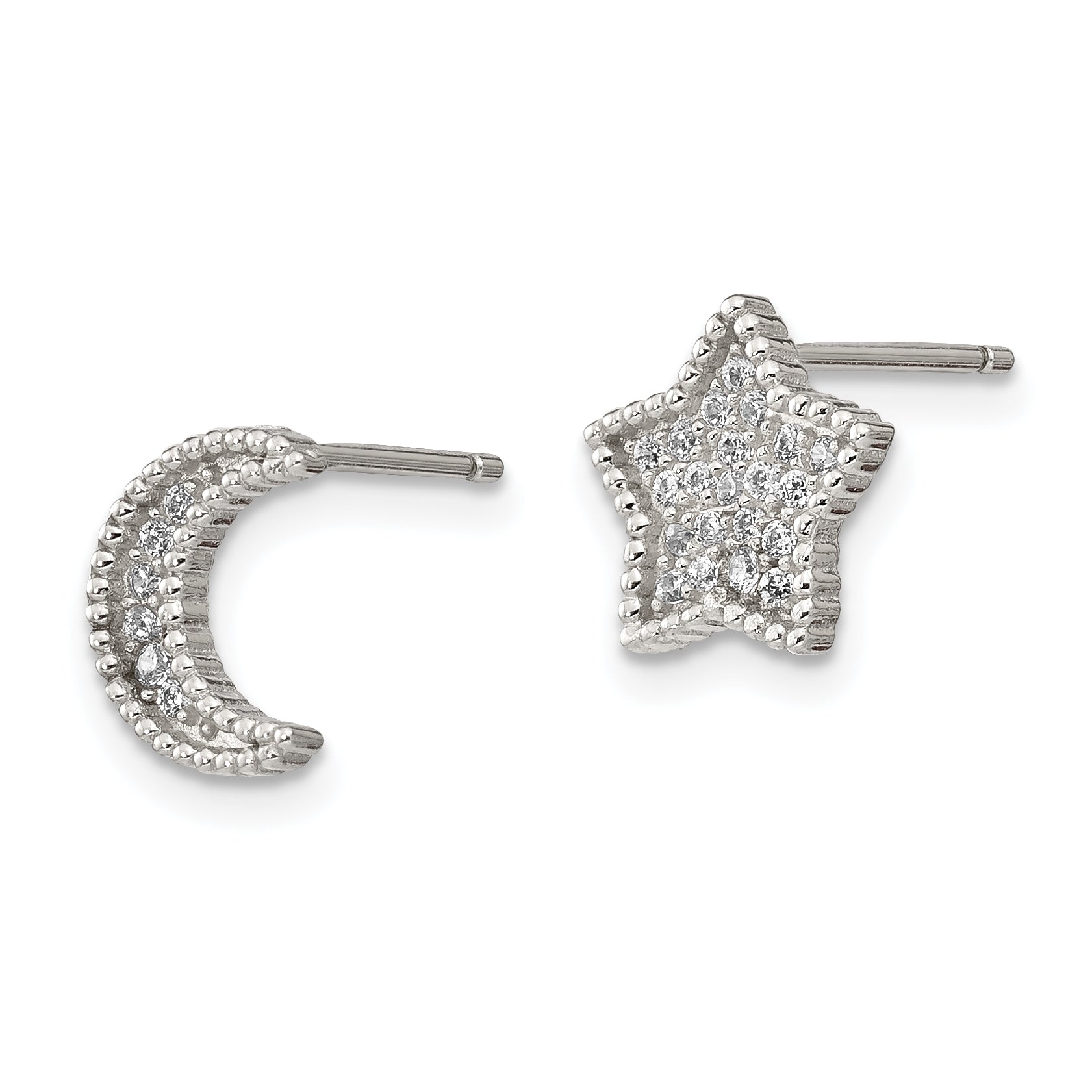 Sterling Silver Rhodium-plated Polished CZ Moon and Star Post Earrings