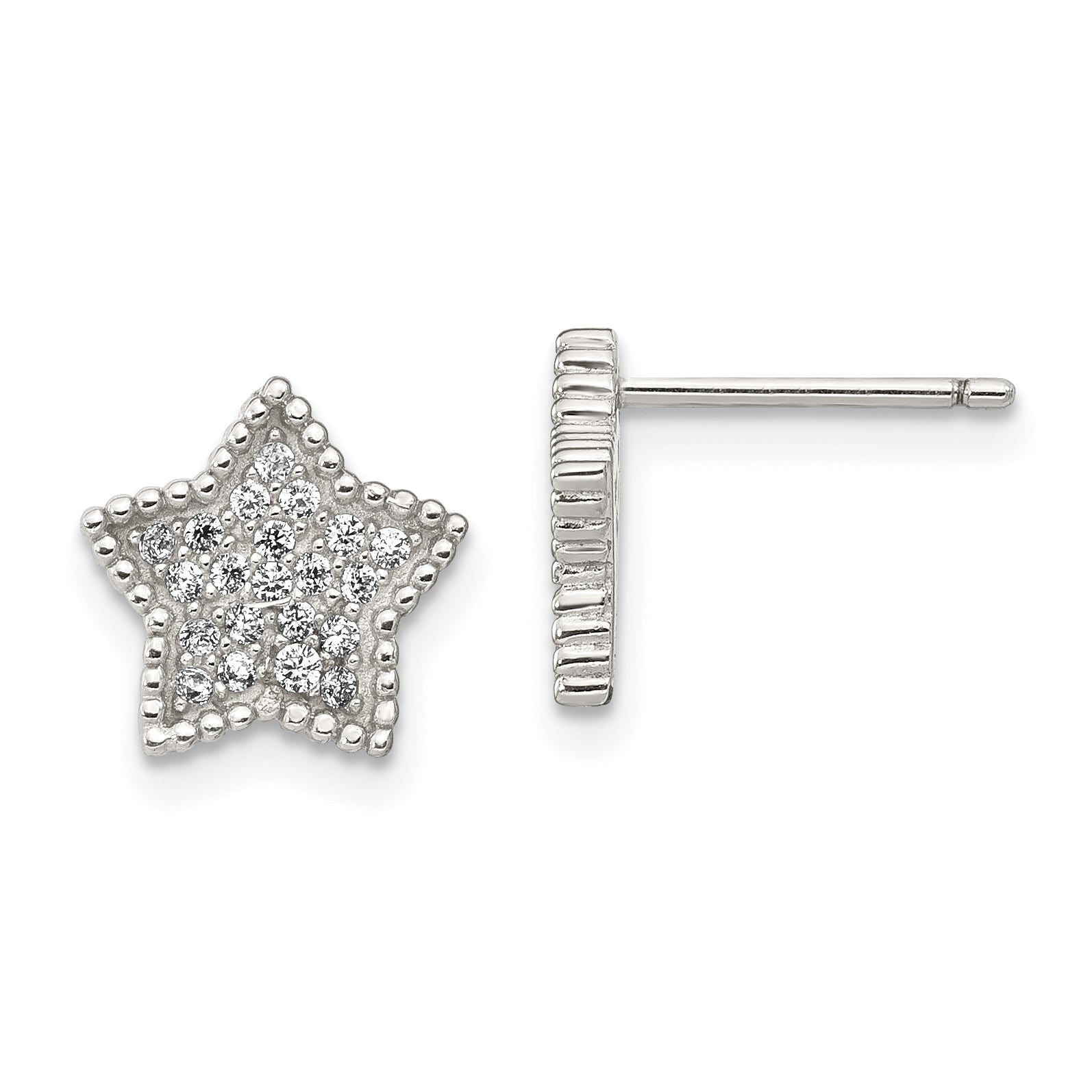 Sterling Silver Rhodium-plated Polished CZ Moon and Star Post Earrings