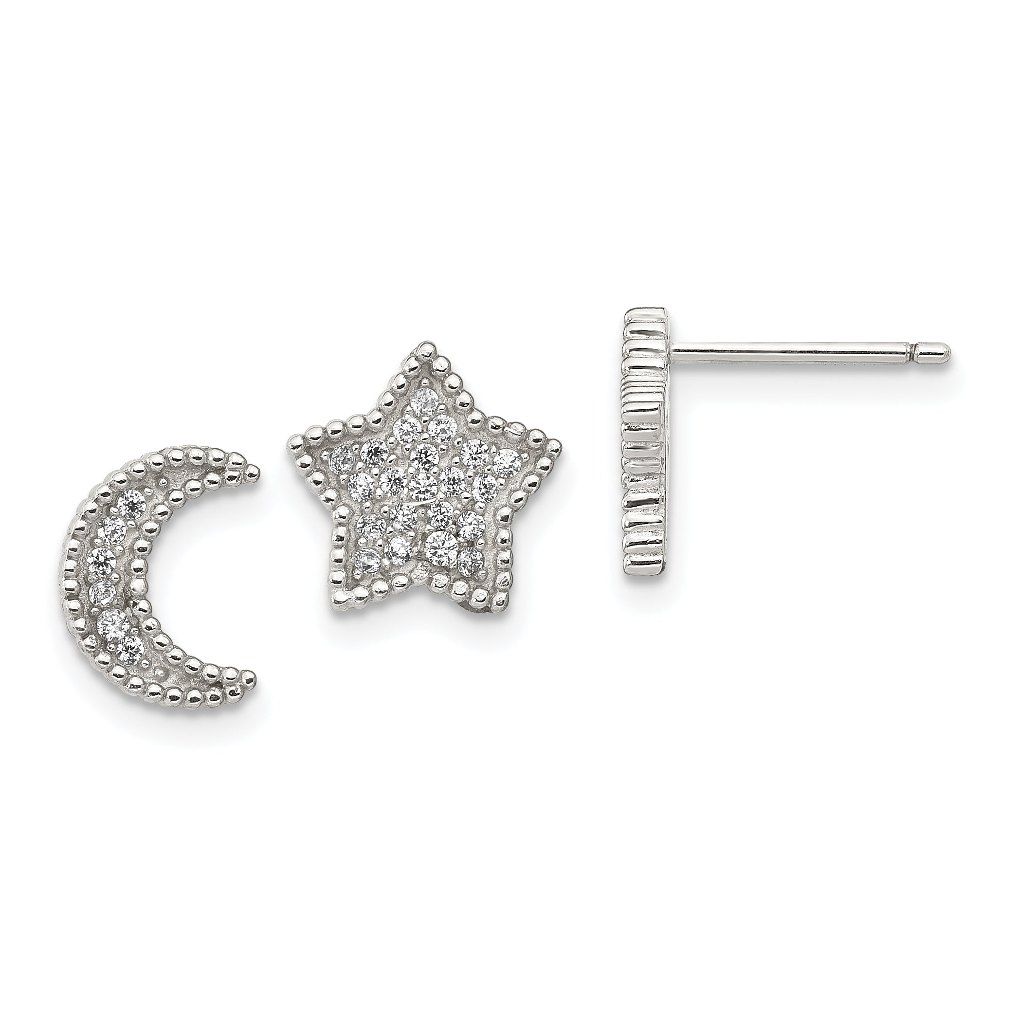 Sterling Silver Rhodium-plated Polished CZ Moon and Star Post Earrings