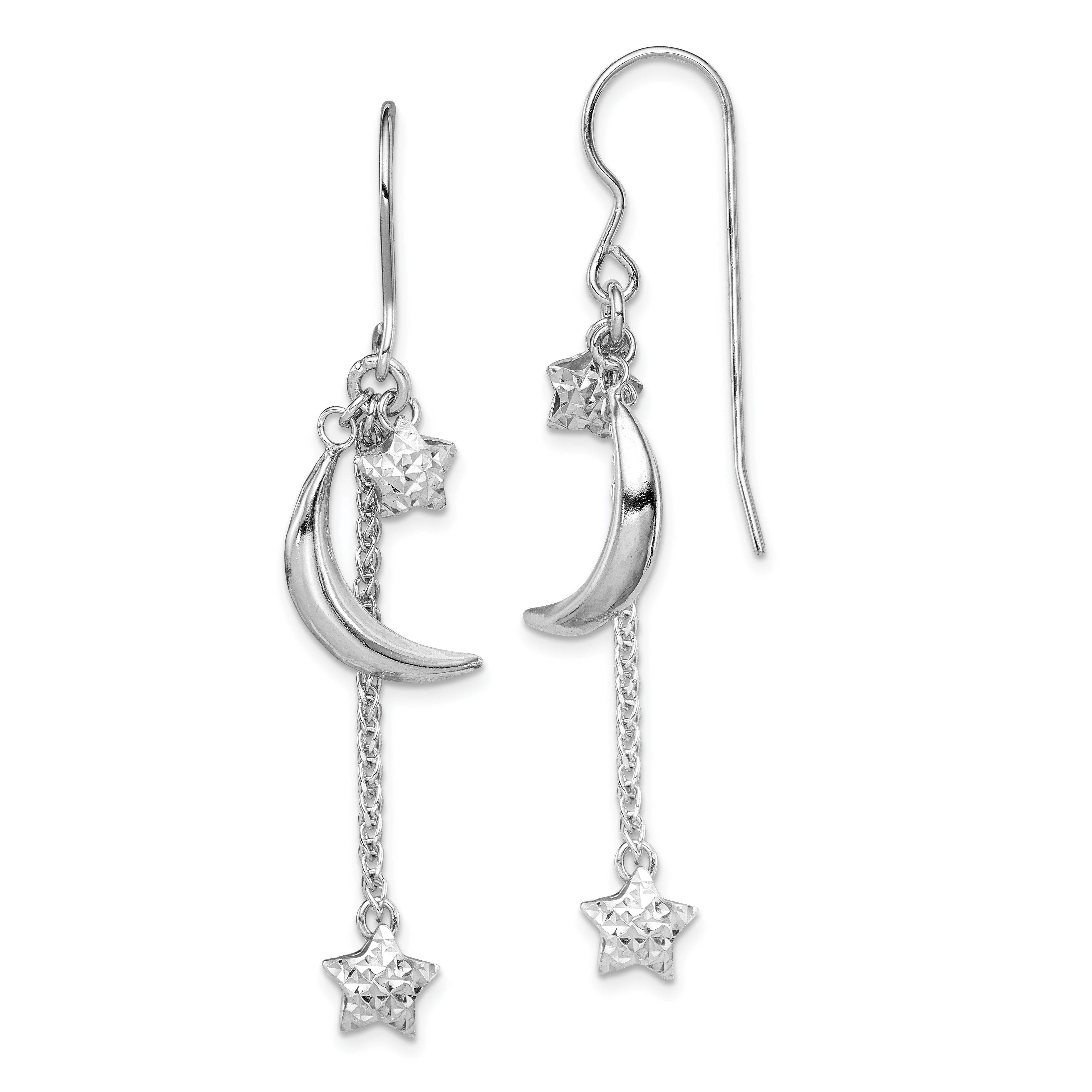 Sterling Silver Rhodium-plated D/C Puffed Star and Moon Earrings