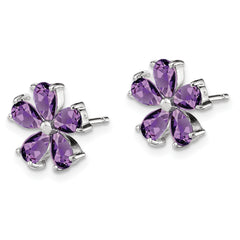 Sterling Silver Rhodium Plated Amethyst Floral Button Earrings  Elegant February Birthstone