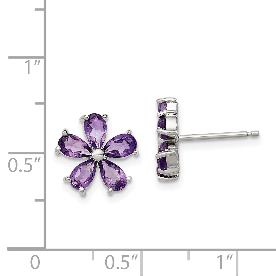 Sterling Silver Rhodium Plated Amethyst Floral Button Earrings  Elegant February Birthstone