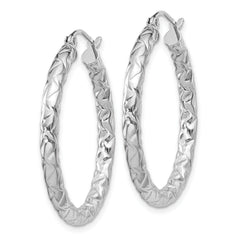 "Sterling Silver Rhodium-Plated Textured Hoop Earrings - Polished & Hollow Design"