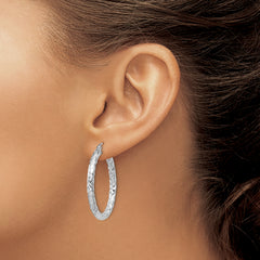 "Sterling Silver Rhodium-Plated Textured Hoop Earrings - Polished & Hollow Design"