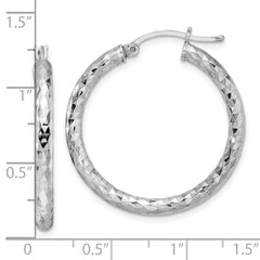 "Sterling Silver Rhodium-Plated Textured Hoop Earrings - Polished & Hollow Design"