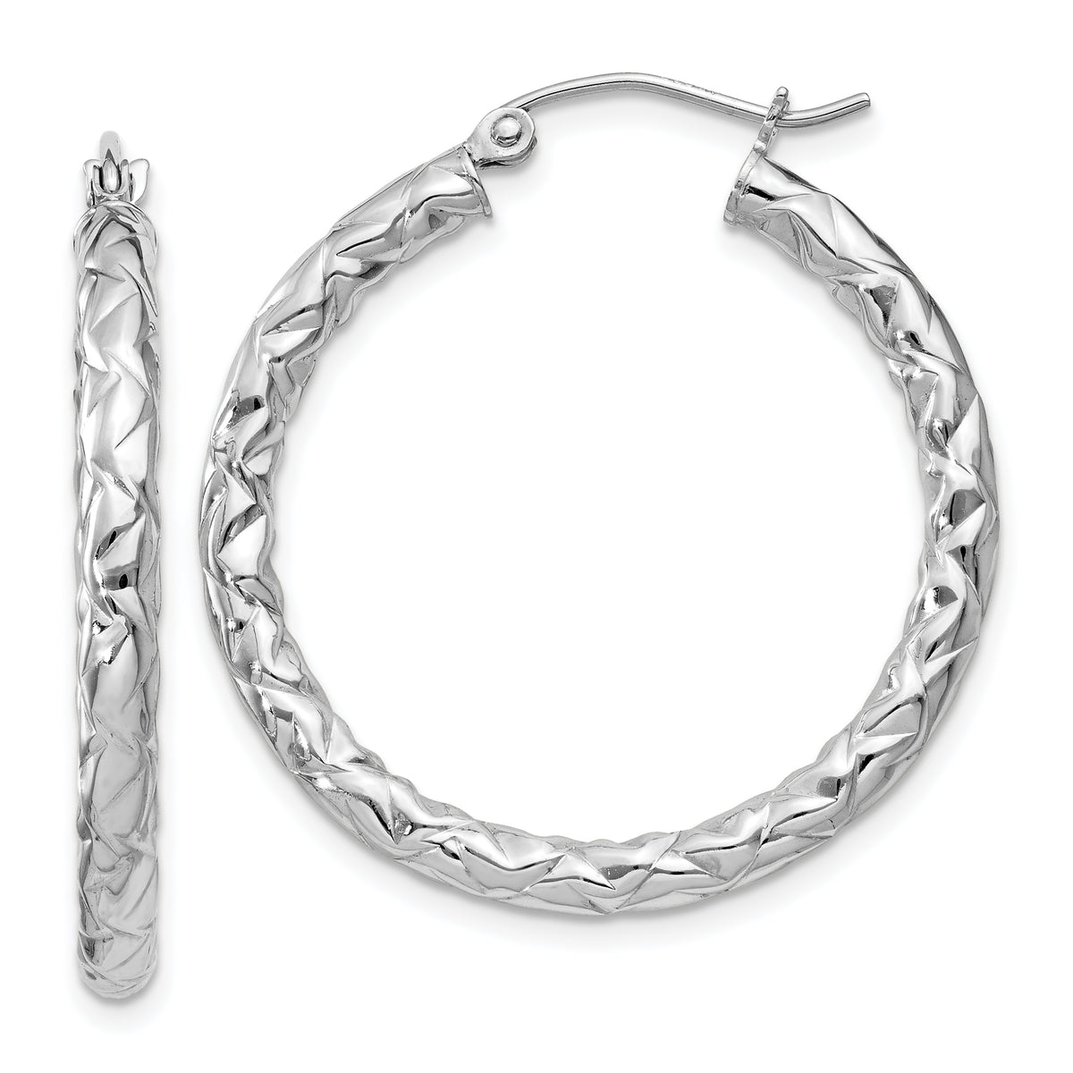 Sterling Silver Rhodium-plated Textured 3x30mm Hoop Earrings