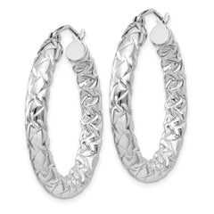 Sterling Silver 925 Rhodium-Plated Textured Hoop Earrings - Polished & Hollow, 32mm