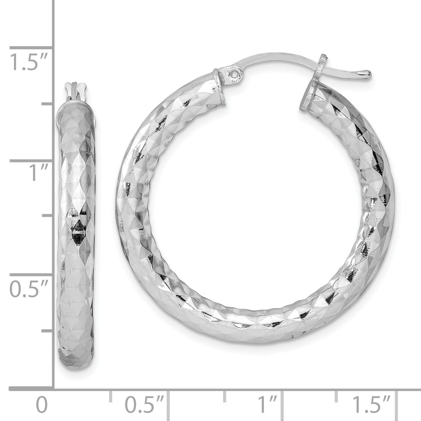 Sterling Silver 925 Rhodium-Plated Textured Hoop Earrings - Polished & Hollow, 32mm