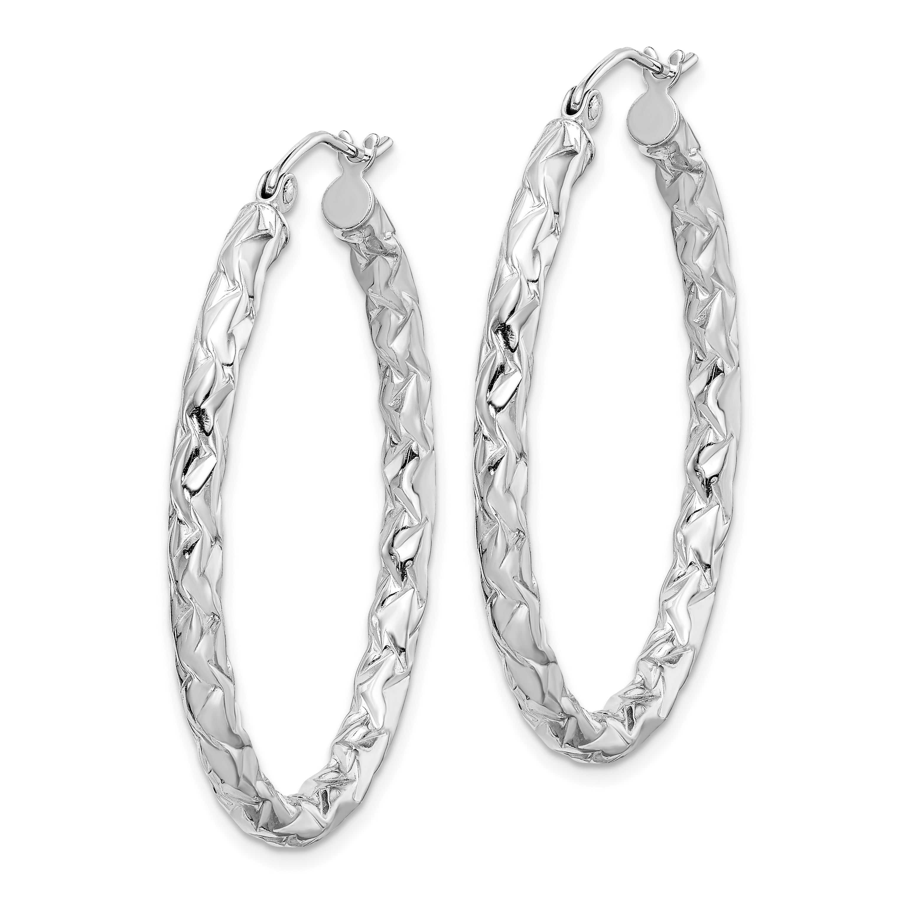 Sterling Silver 925 Oval Hoop Earrings with Rhodium-Plated Polished Diamond-Cut Finish