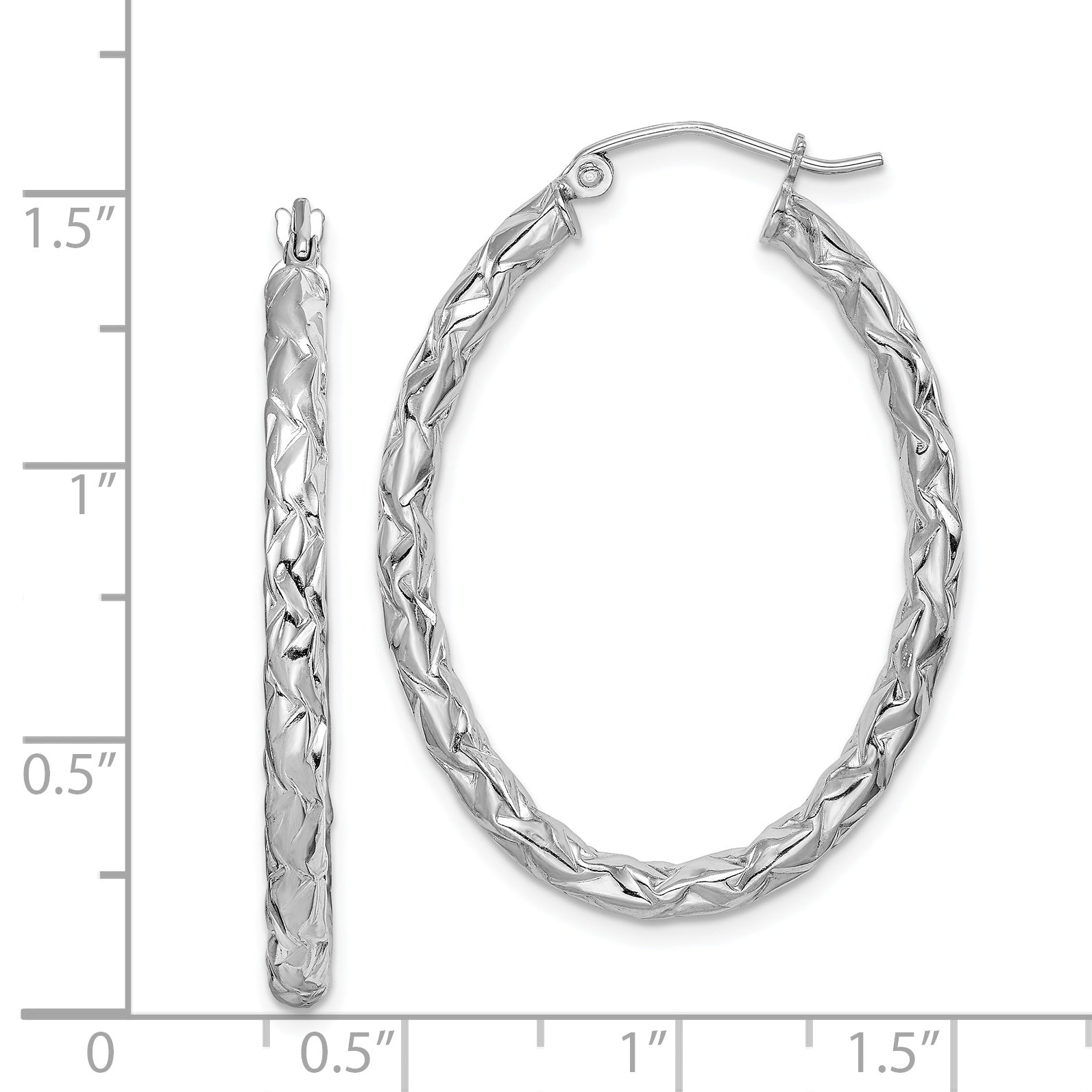 Sterling Silver 925 Oval Hoop Earrings with Rhodium-Plated Polished Diamond-Cut Finish