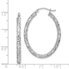 Sterling Silver 925 Oval Hoop Earrings with Rhodium-Plated Polished Diamond-Cut Finish