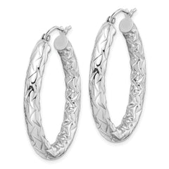 Sterling Silver 925 Oval Hoop Earrings with Rhodium Plating & Diamond-Cut Texture