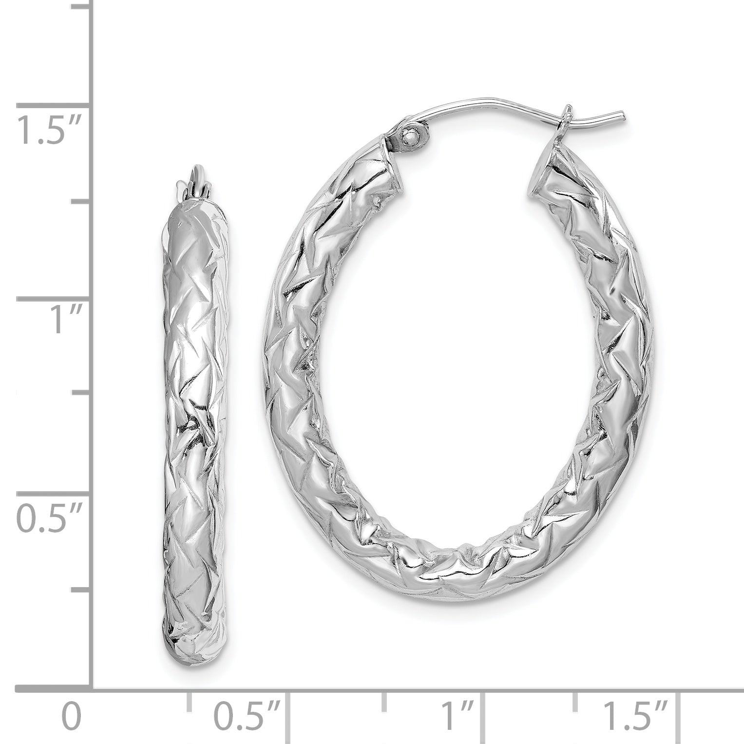 Sterling Silver 925 Oval Hoop Earrings with Rhodium Plating & Diamond-Cut Texture