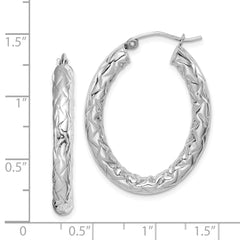 Sterling Silver 925 Oval Hoop Earrings with Rhodium Plating & Diamond-Cut Texture