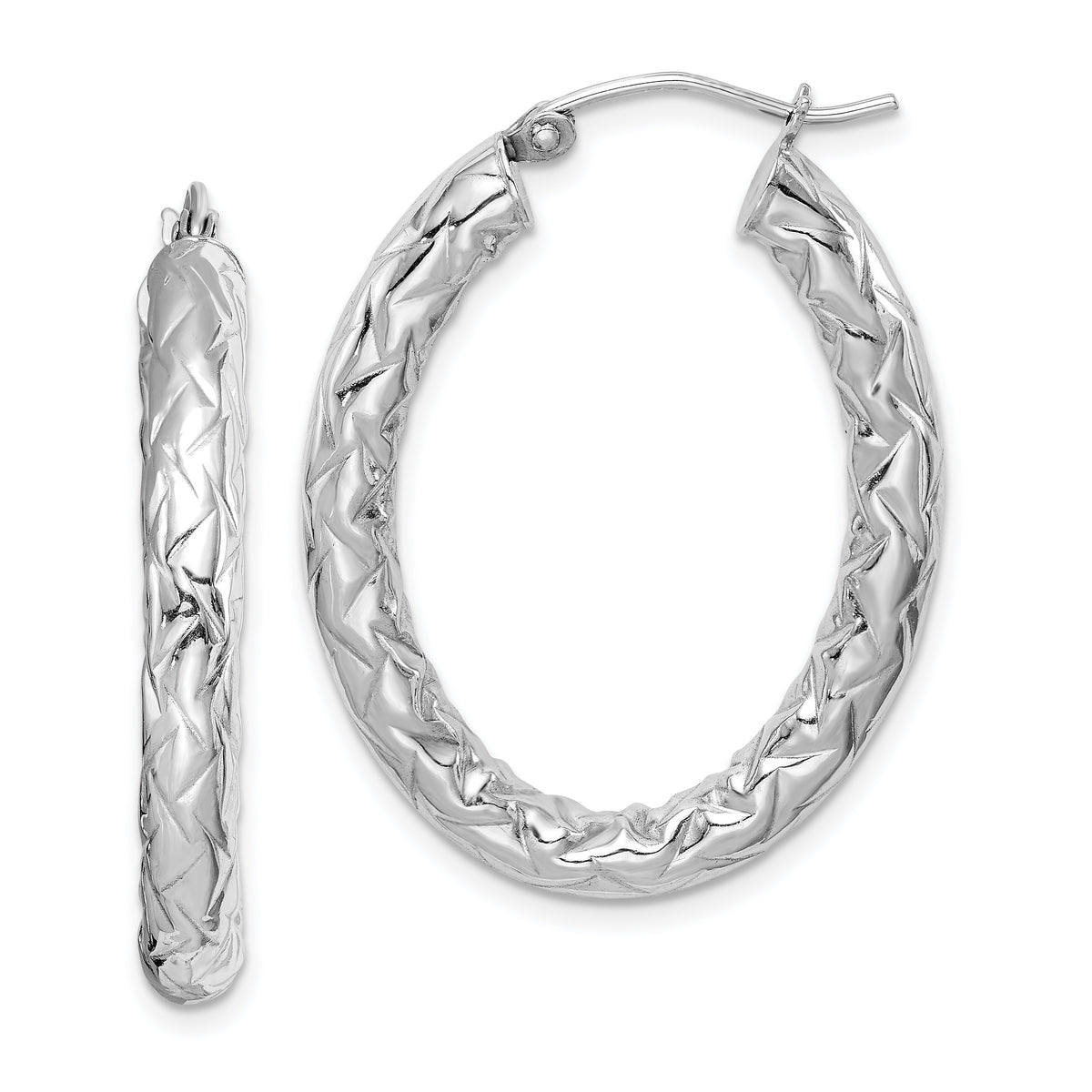 Sterling Silver RH-plated D/C Textured 4mm Oval Hoop Earrings