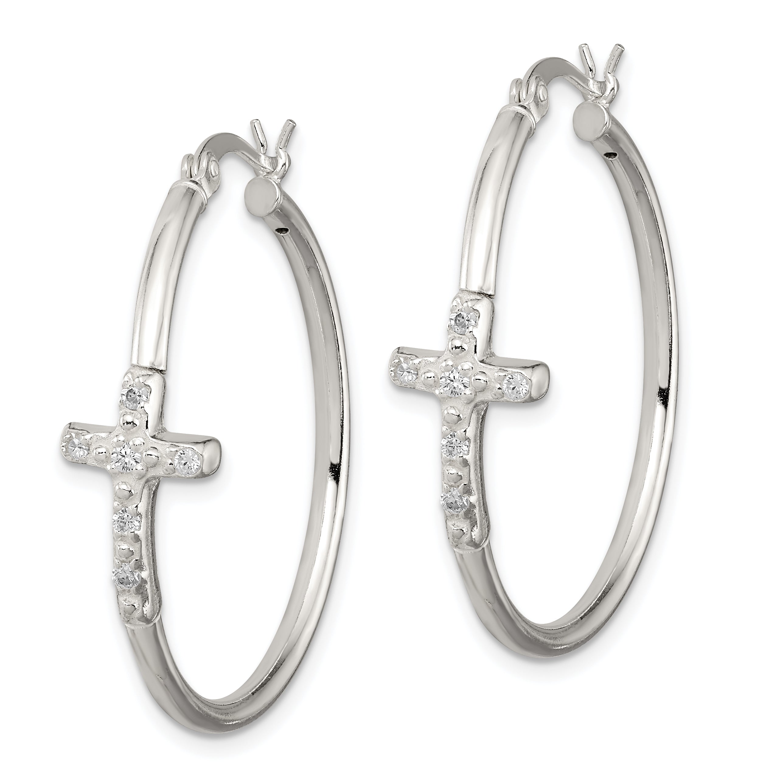 Sterling Silver CZ Cross Hoop Earrings with Polished Anti-Tarnish Finish