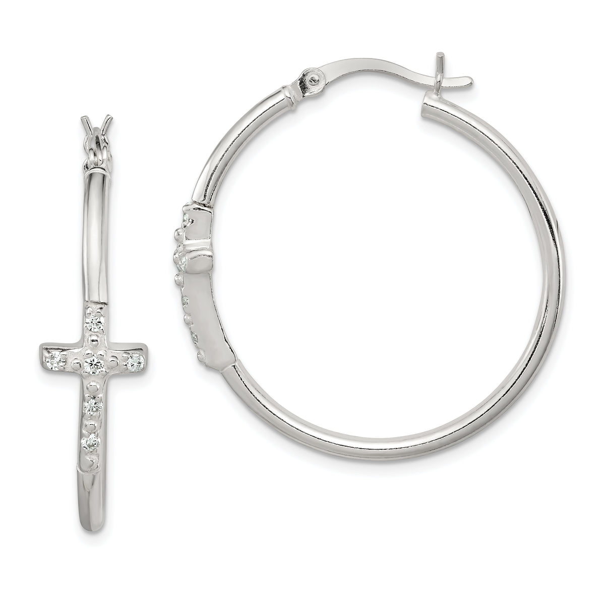 Sterling Silver Polished CZ Cross 2.5mm Round Hoop Earrings