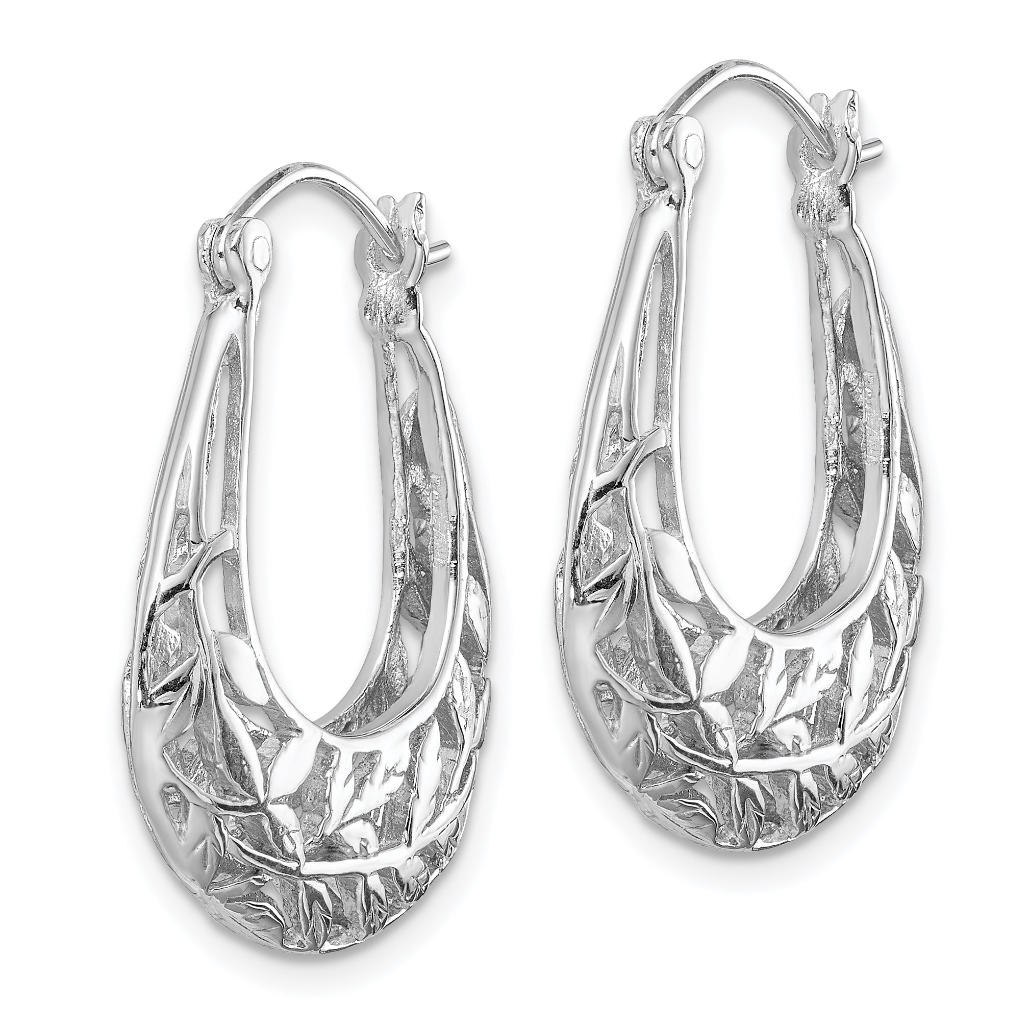 Sterling Silver Rhodium-Plated Filigree Oval Hoop Earrings  Polished Leaf Design