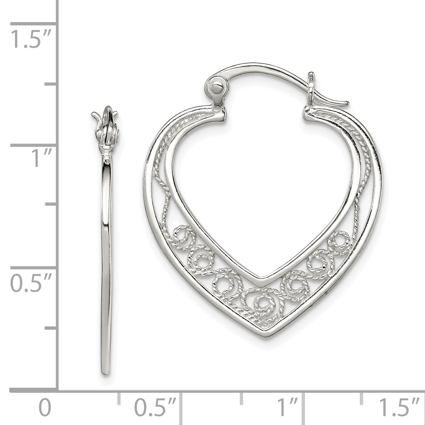 Sterling Silver Filigree Heart Hoop Earrings, Polished & Anti-Tarnish Finish