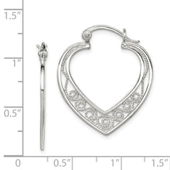 Sterling Silver Polished Filigree Heart Hoop Earrings