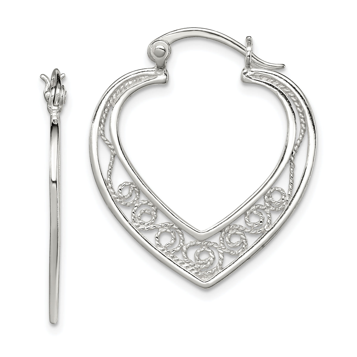 Sterling Silver Polished Filigree Heart Hoop Earrings