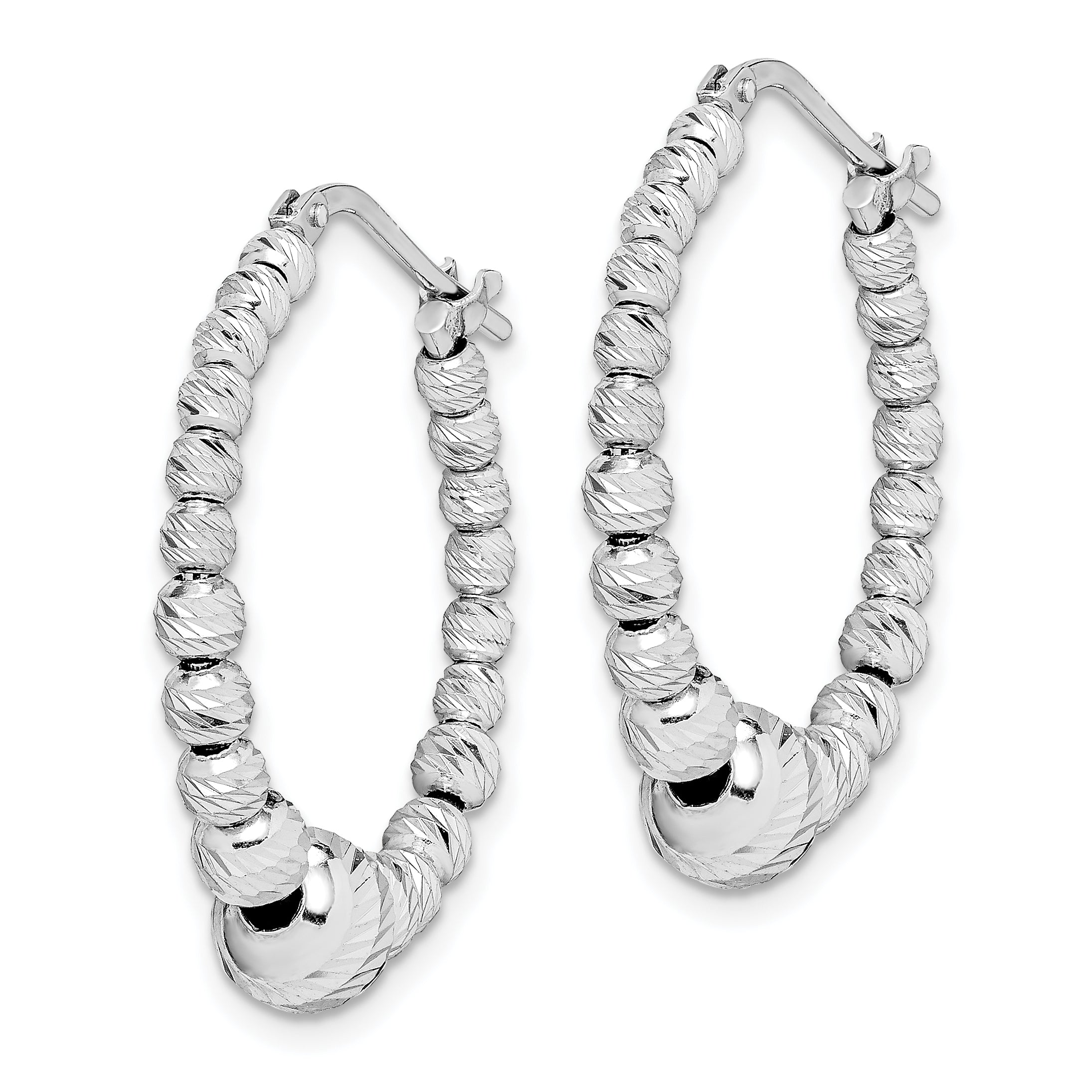 Sterling Silver Rhodium-plated Diamond-cut Beaded Hoop Earrings