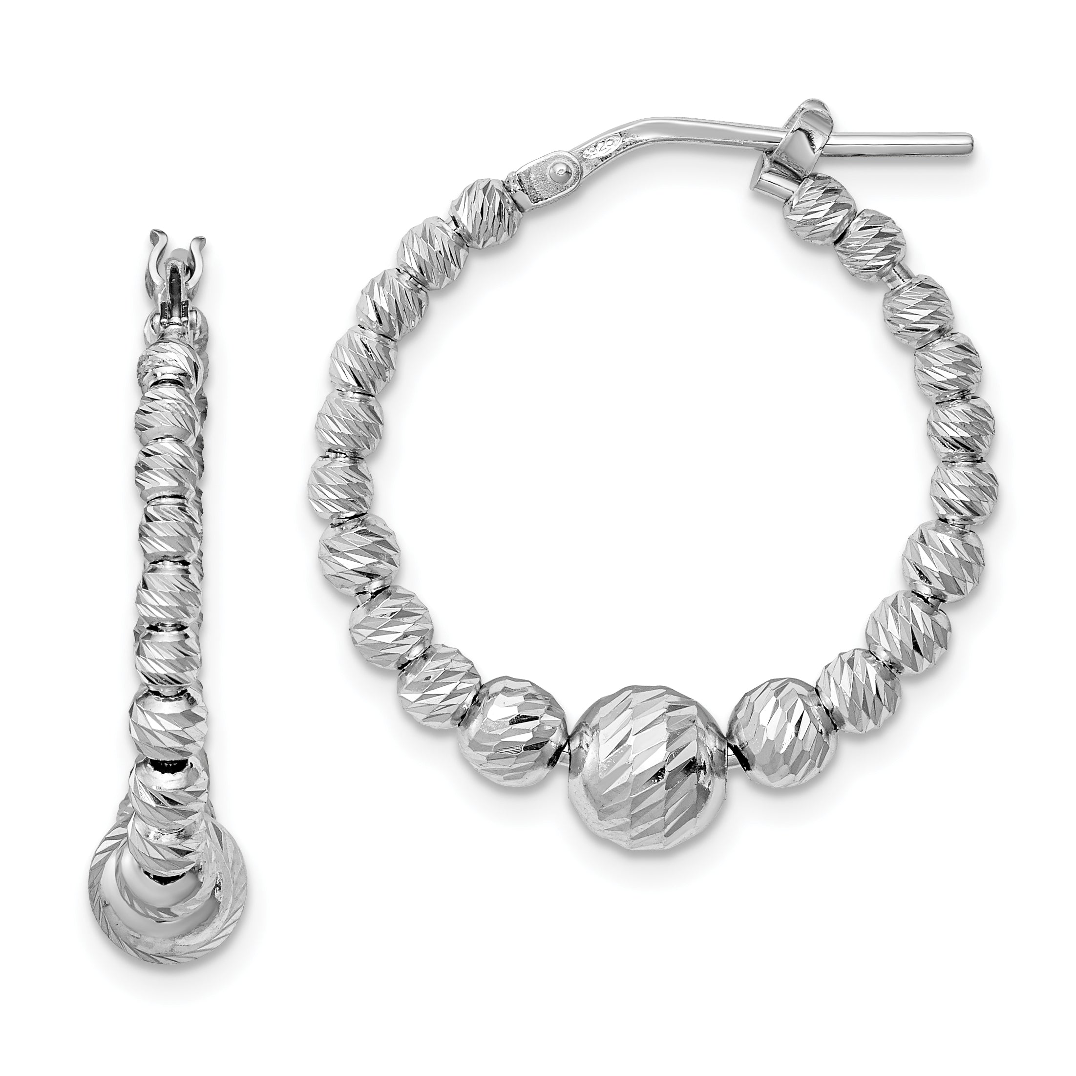 Sterling Silver Rhodium-plated Diamond-cut Beaded Hoop Earrings