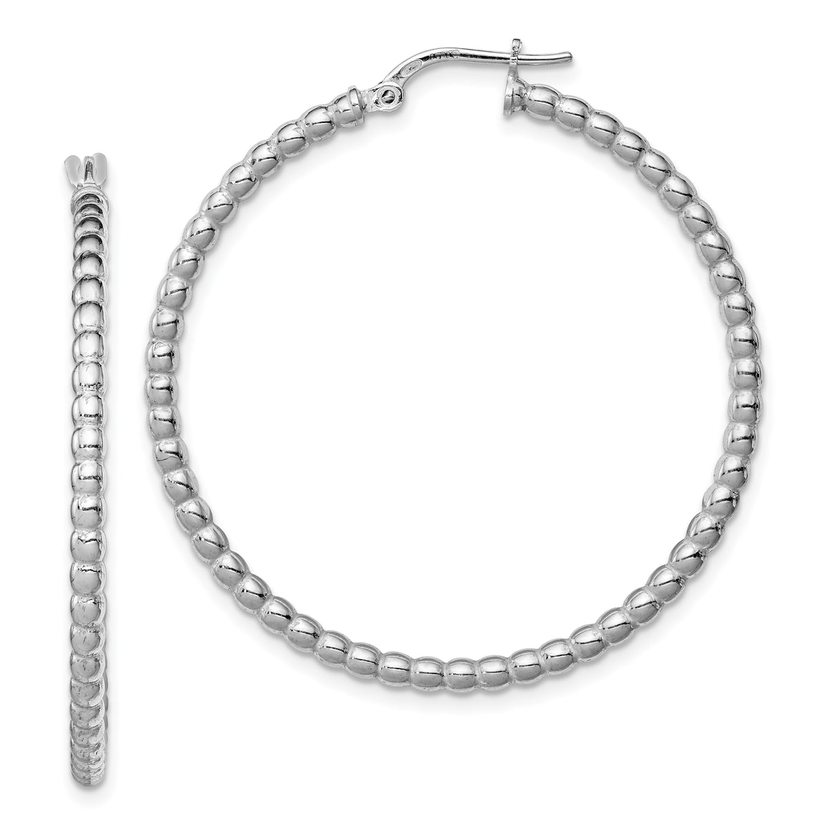 Sterling Silver Rhodium-plated Beaded 3x35mm Hoop Earrings