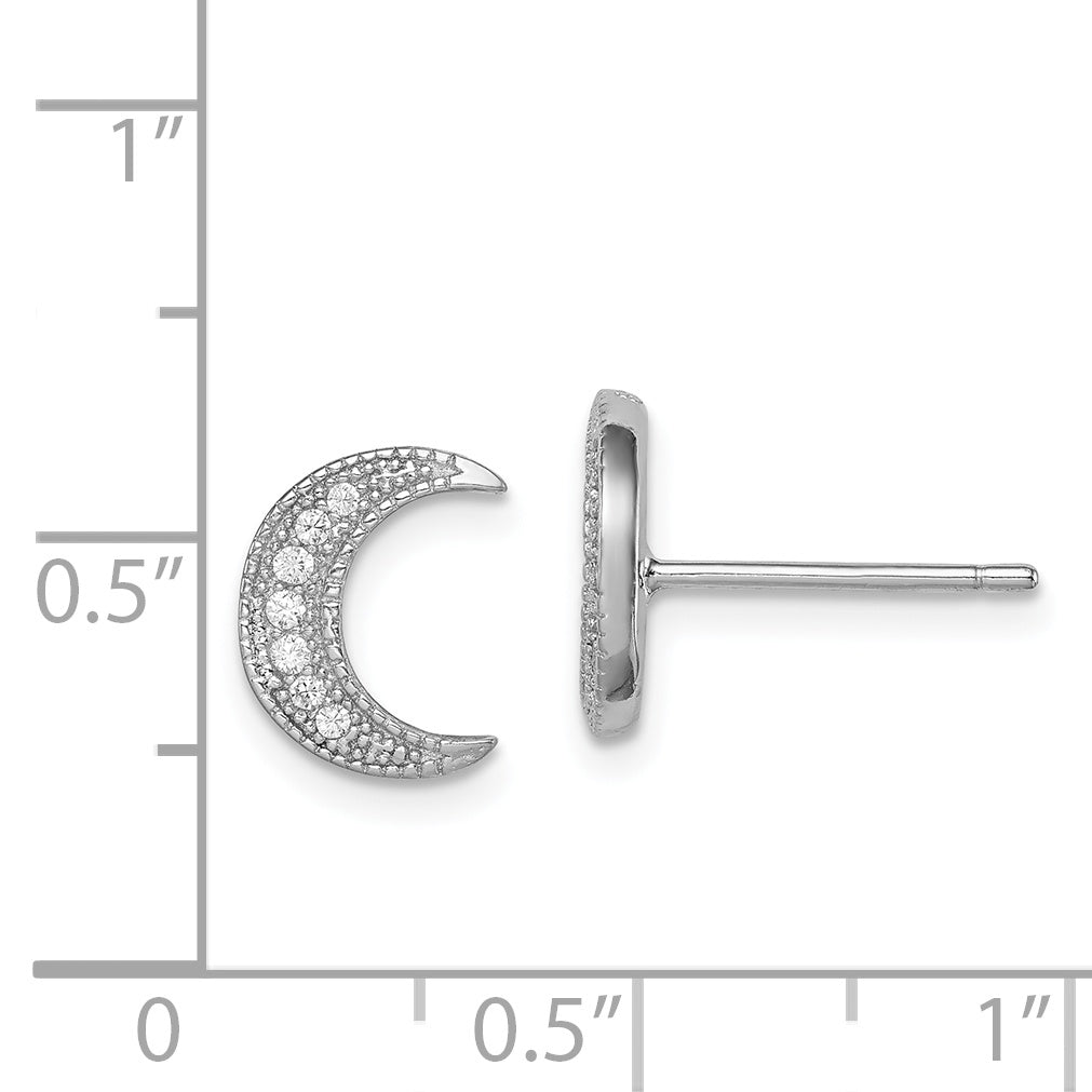 Sterling Silver Rhodium-plated CZ Crescent Moon Post Earrings