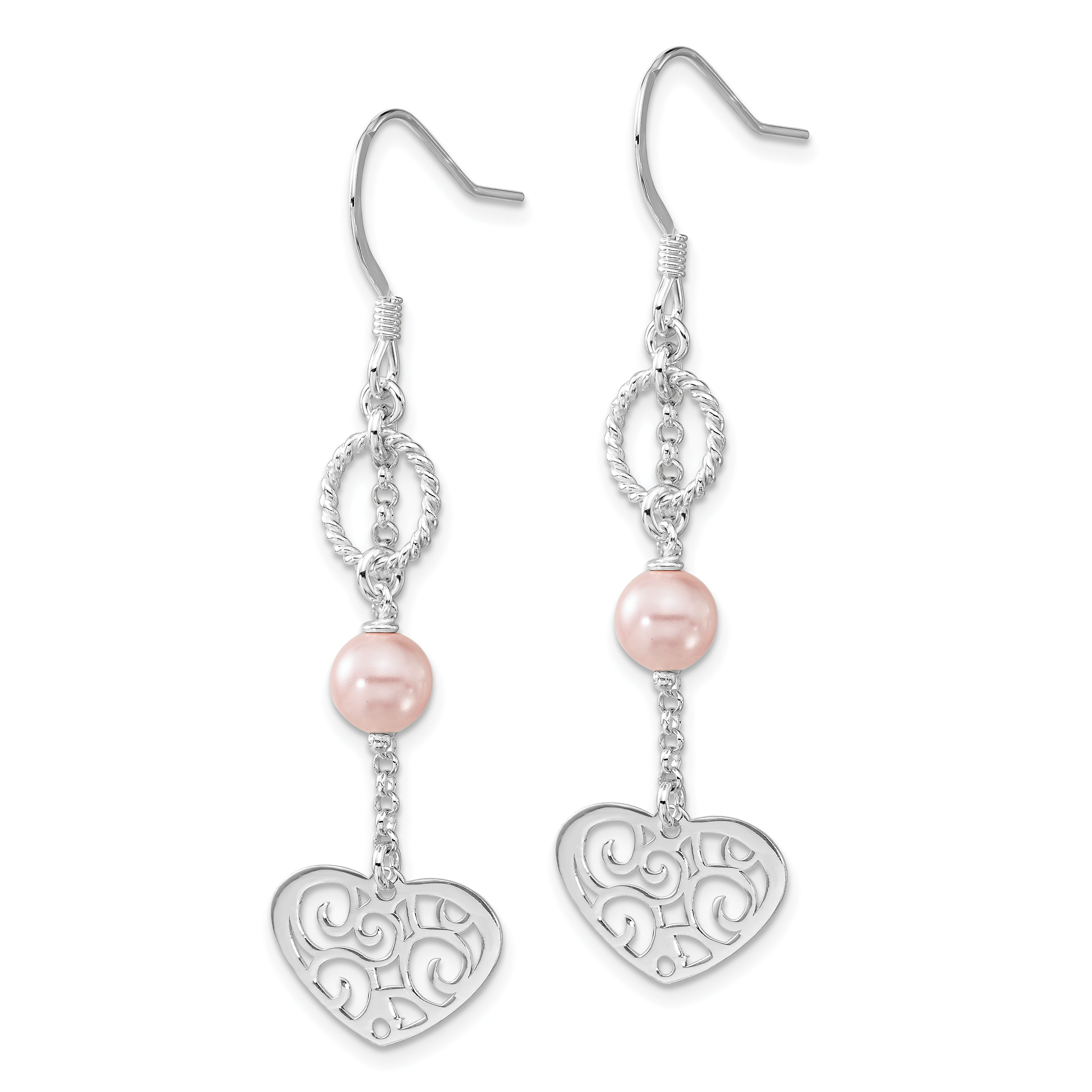 Sterling Silver FW Cultured Pearl Dangle Heart Dangle Earrings