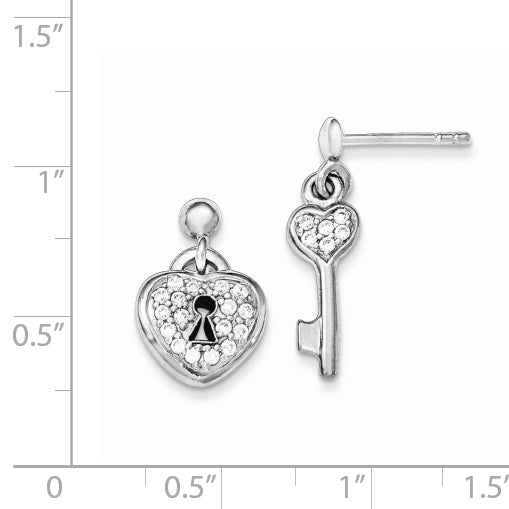 Sterling Silver CZ Heart Lock & Key Dangle Earrings Polished Finish