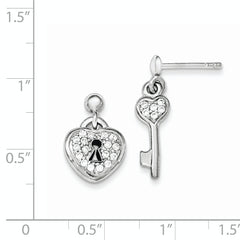 Sterling Silver Polished CZ Heart Lock & Key Post Dangle Earrings