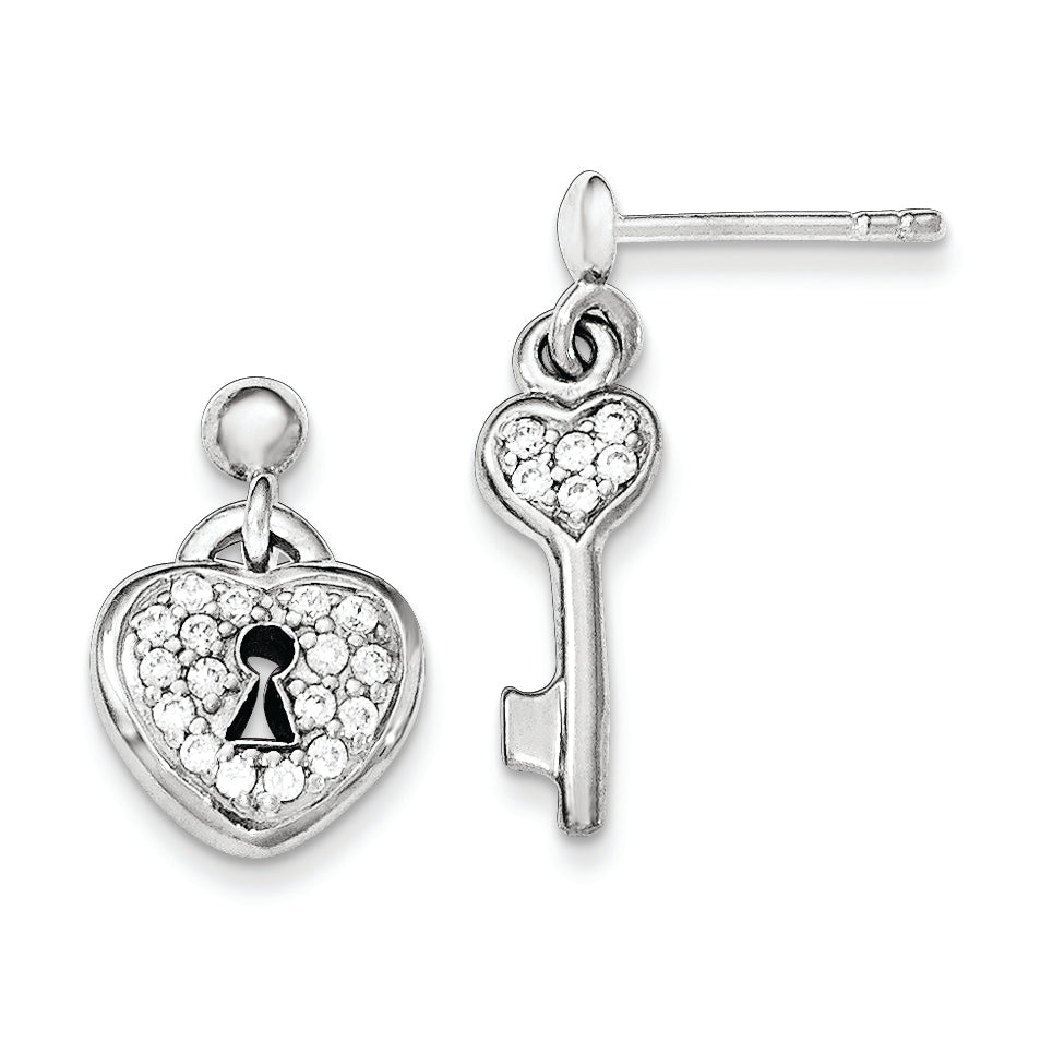 Sterling Silver Polished CZ Heart Lock & Key Post Dangle Earrings