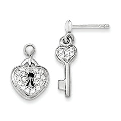 Sterling Silver Polished CZ Heart Lock & Key Post Dangle Earrings