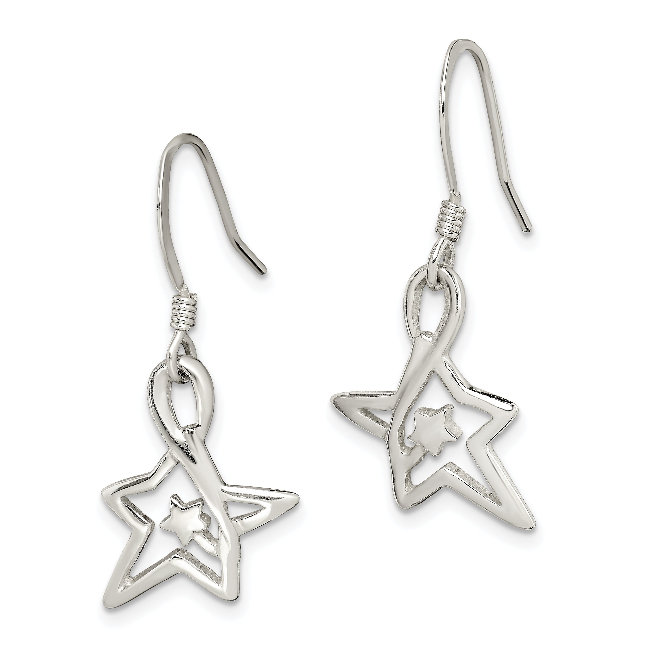 Sterling Silver Polished Diamond-cut Star Dangle Earrings