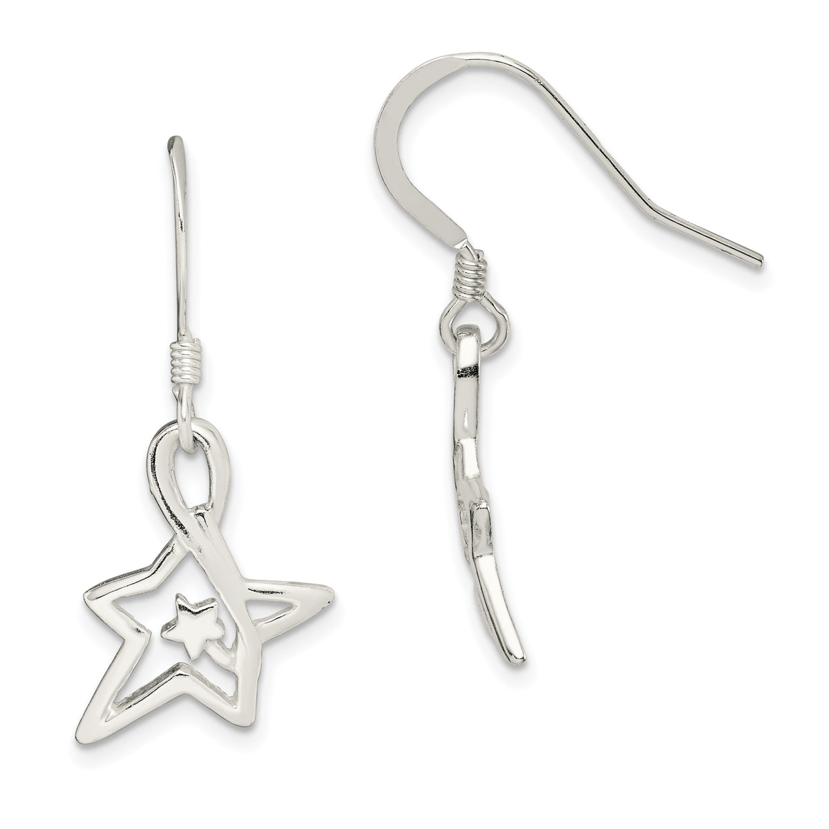 Sterling Silver Polished Diamond-cut Star Dangle Earrings