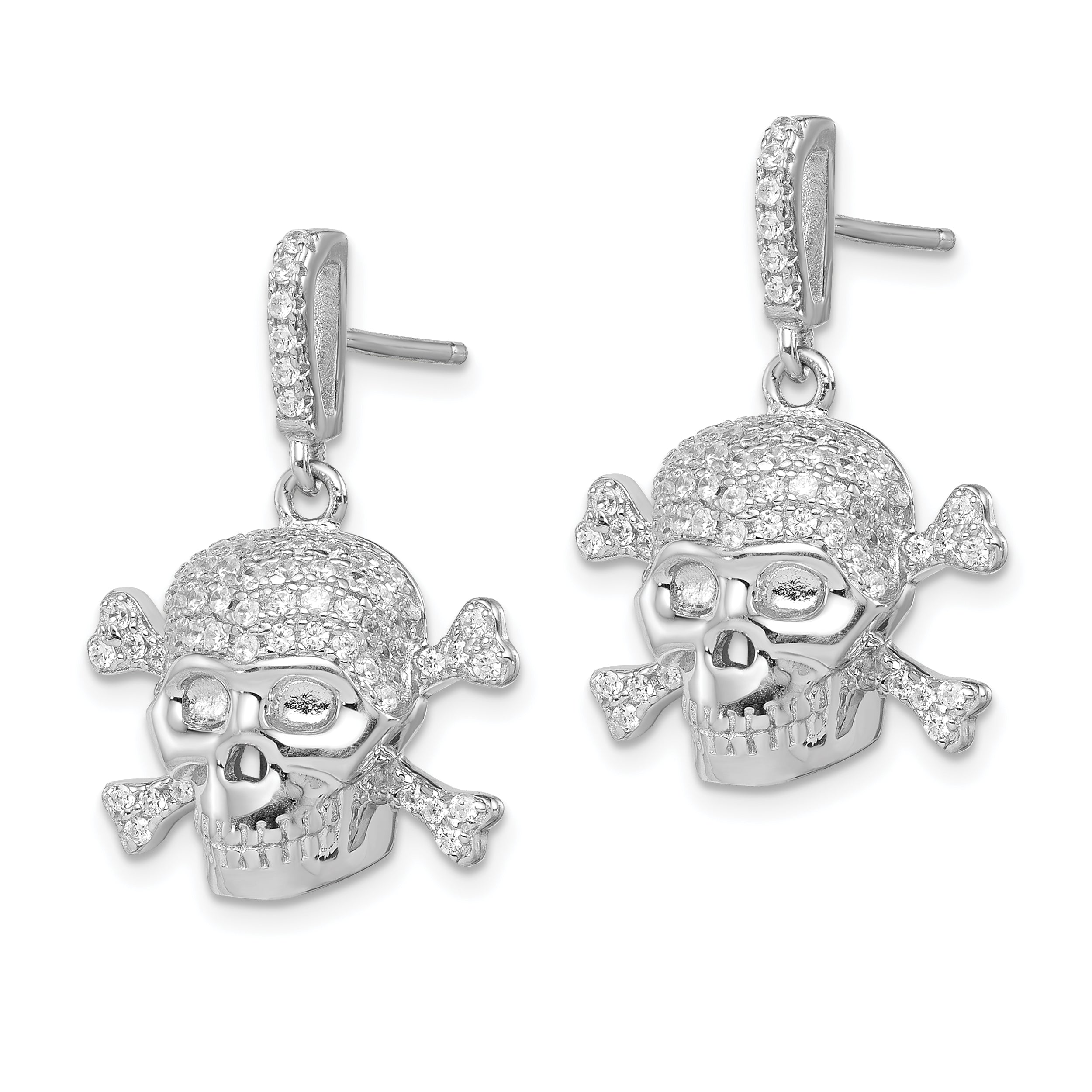 Sterling Silver Rhodium-plated CZ Skull Dangle Post Earrings