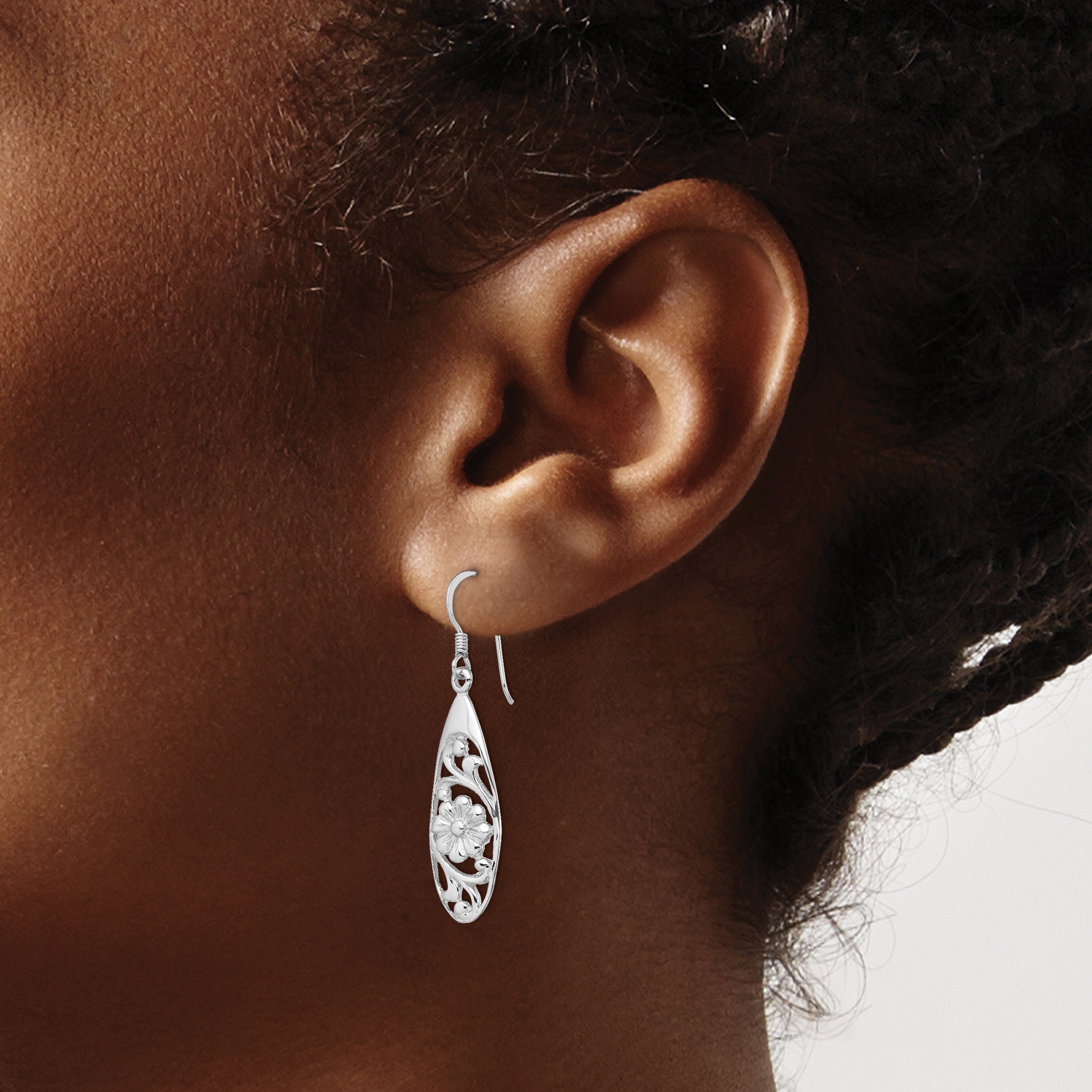 Sterling Silver Rhodium-plated Polished Fancy Flower Dangle Earrings