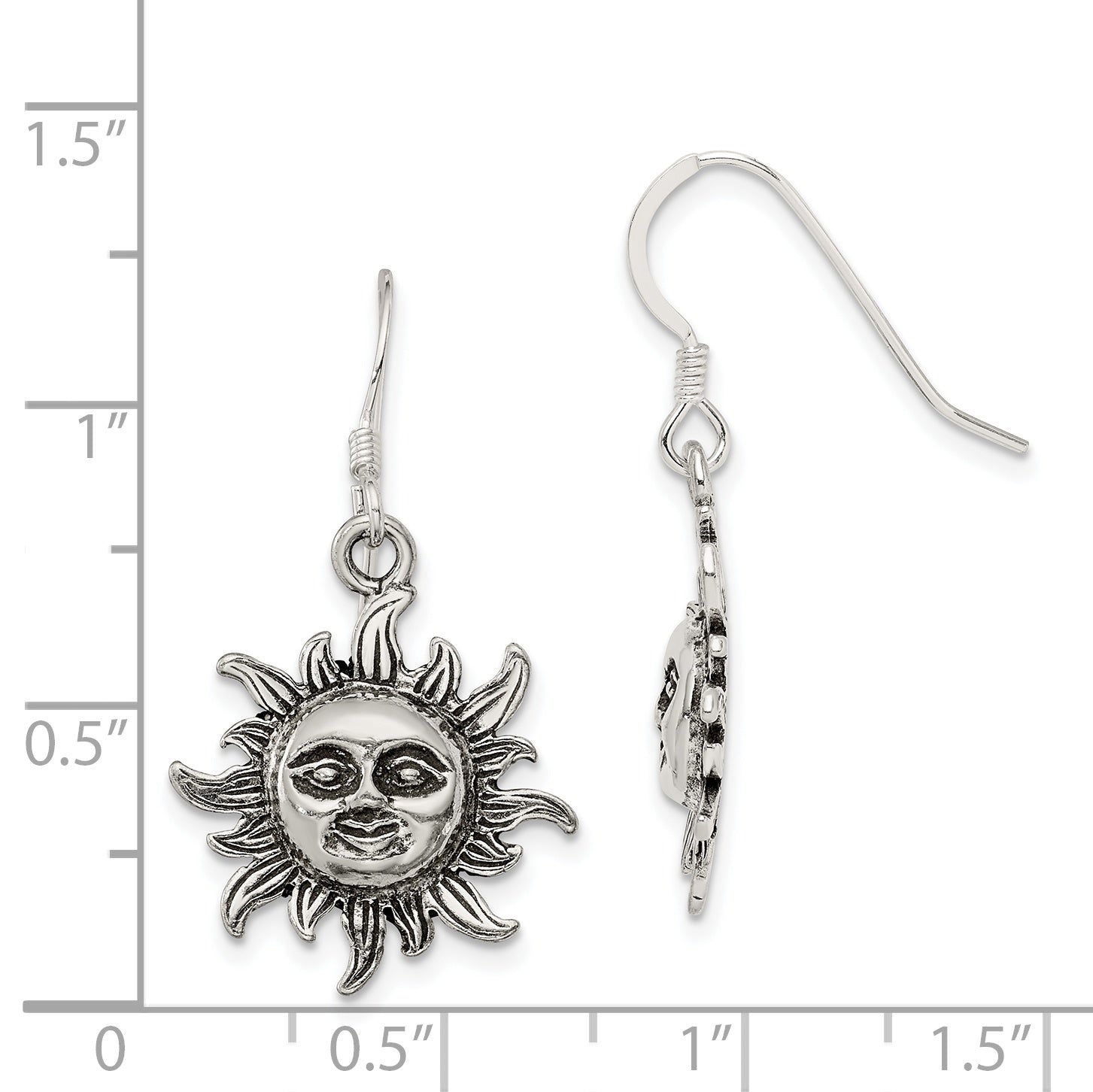 Antiqued 925 Sterling Silver Sun Earrings with French Wire Dangle Design